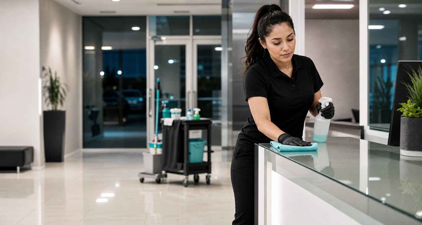 Professional cleaner wiping a glass counter in a modern office lobby