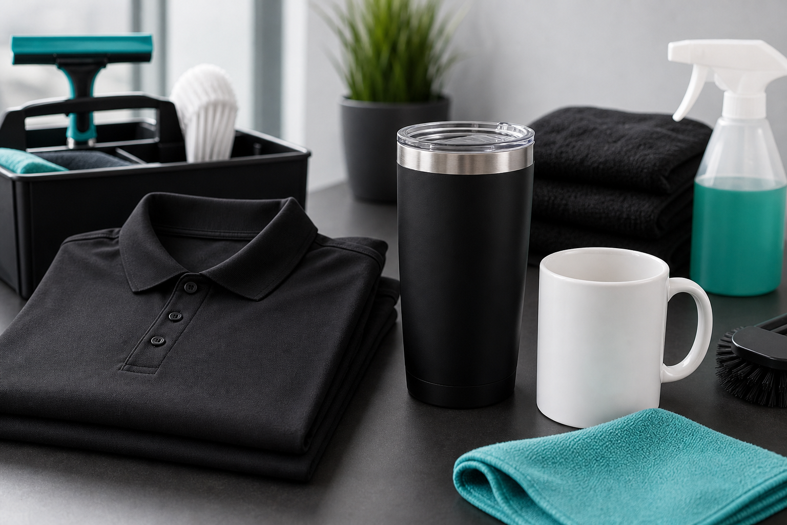 Black cleaning uniform shirt, tumbler, mug, and cleaning supplies on a table