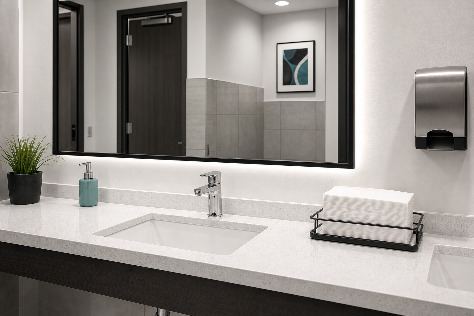 Freshly cleaned commercial restroom vanity and mirror