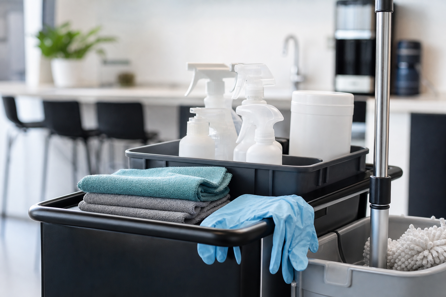 Professional janitorial supplies on a black utility cart