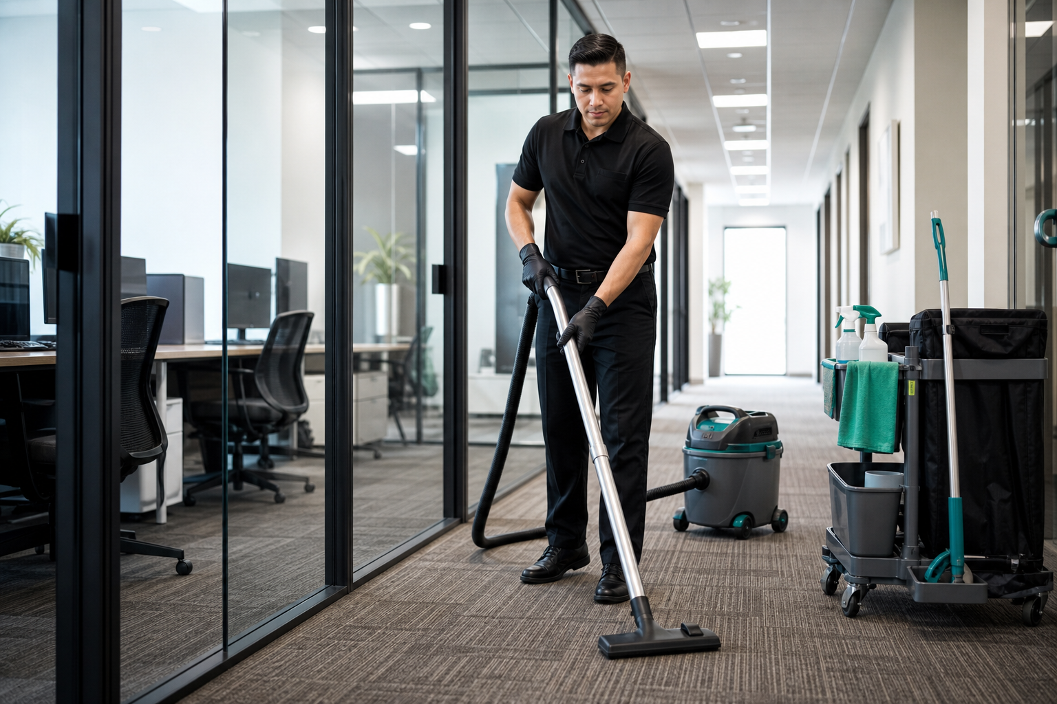 Cleaner vacuuming a commercial office hallway